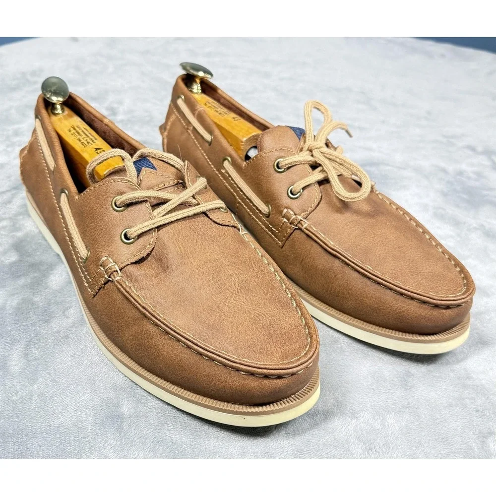 Sonoma Boat Shoes Mens Size 11W Brown Faux Leather Lace Up Casual Deck Nautical